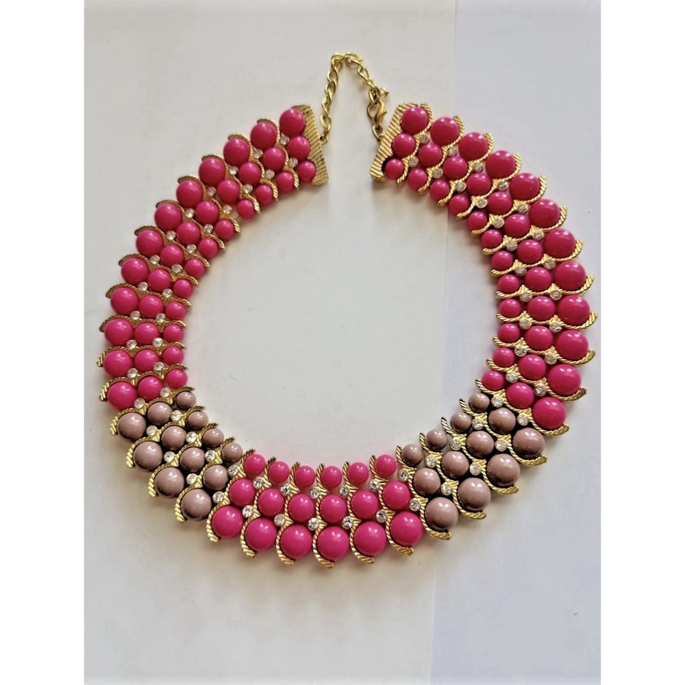 IMAN Collar Necklace Pink & Nude Beads Gold Tone Rhinestones Statement